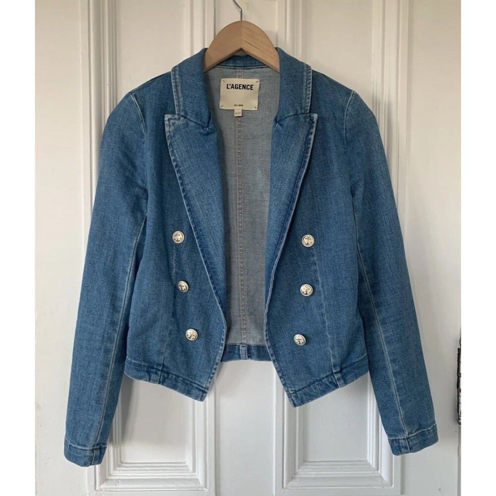 L’AGENCE Wayne Crop Provo Denim Blue Double Breasted Jean Jacket Sz XS